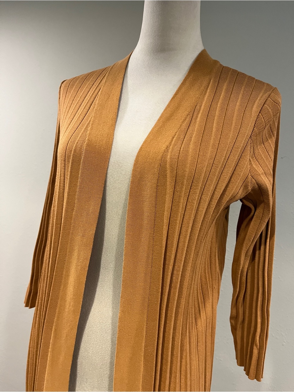 Chico's Long Open-Front Ribbed Cardigan Sweater in Camel color - Picture 2 of 9
